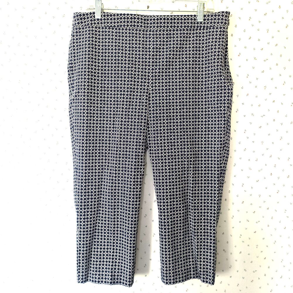 Talbots Pants 14 Blue White Geometric Print Chatham Ankle Cotton Stretch Coastal